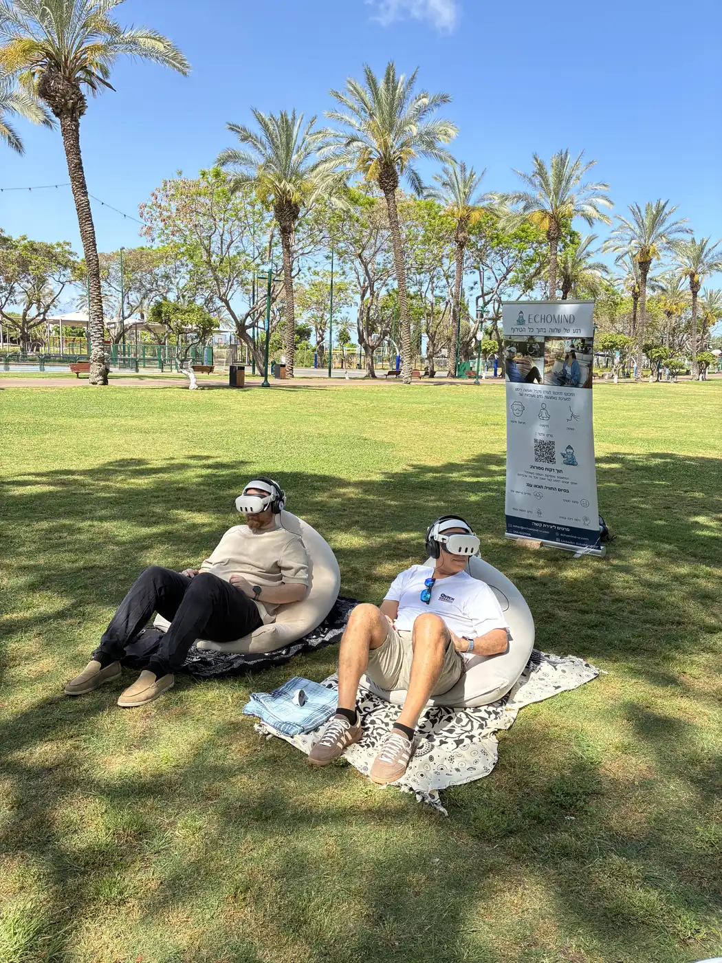 שני עובדים בחוויית מדיטציה בVR על הדשא